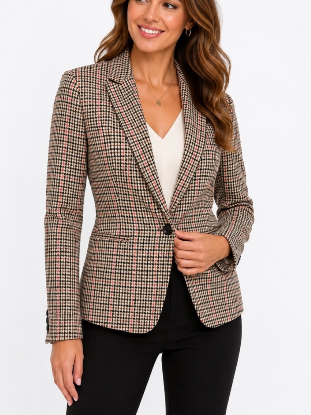 Ann Taylor Houndstooth Plaid One-Button Career Blazer